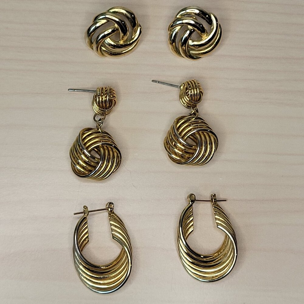 Bundle of 3 Pairs of Vintage 80s Swirl Knot Gold-Toned Stud & Semi-Hoop Earrings